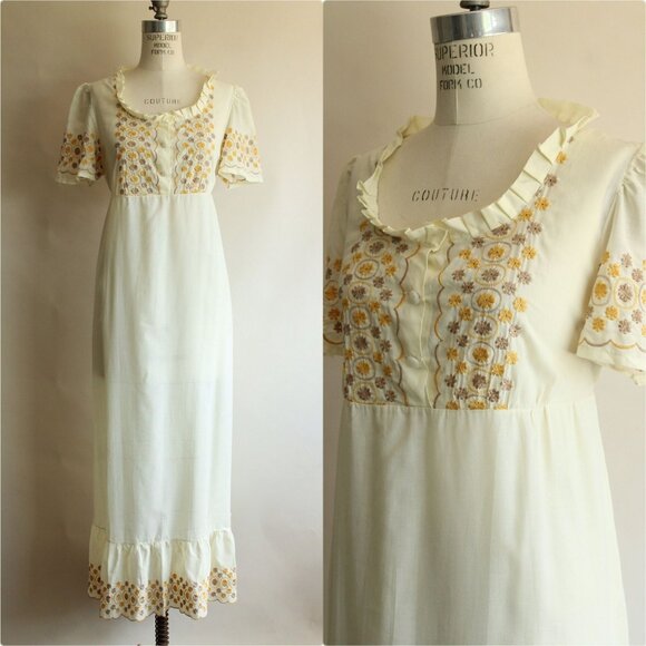 Vintage 1970s Dress, Yellow Embroidered Boho Maxidress with Empire Waist and Bow - Picture 1 of 10